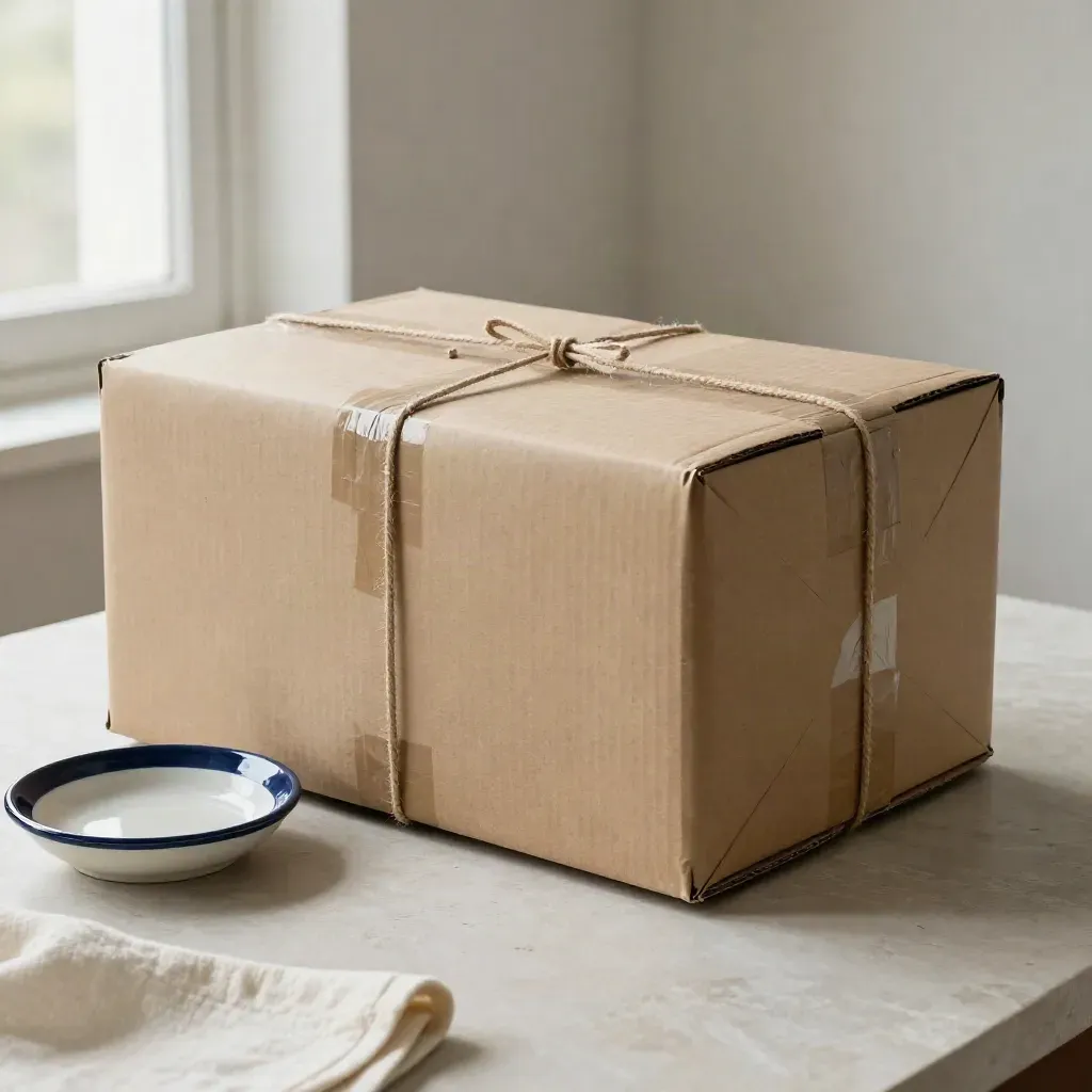 Cassa da spedizione in cartone kraft con spago e piattino in ceramica su fondo chiaro.